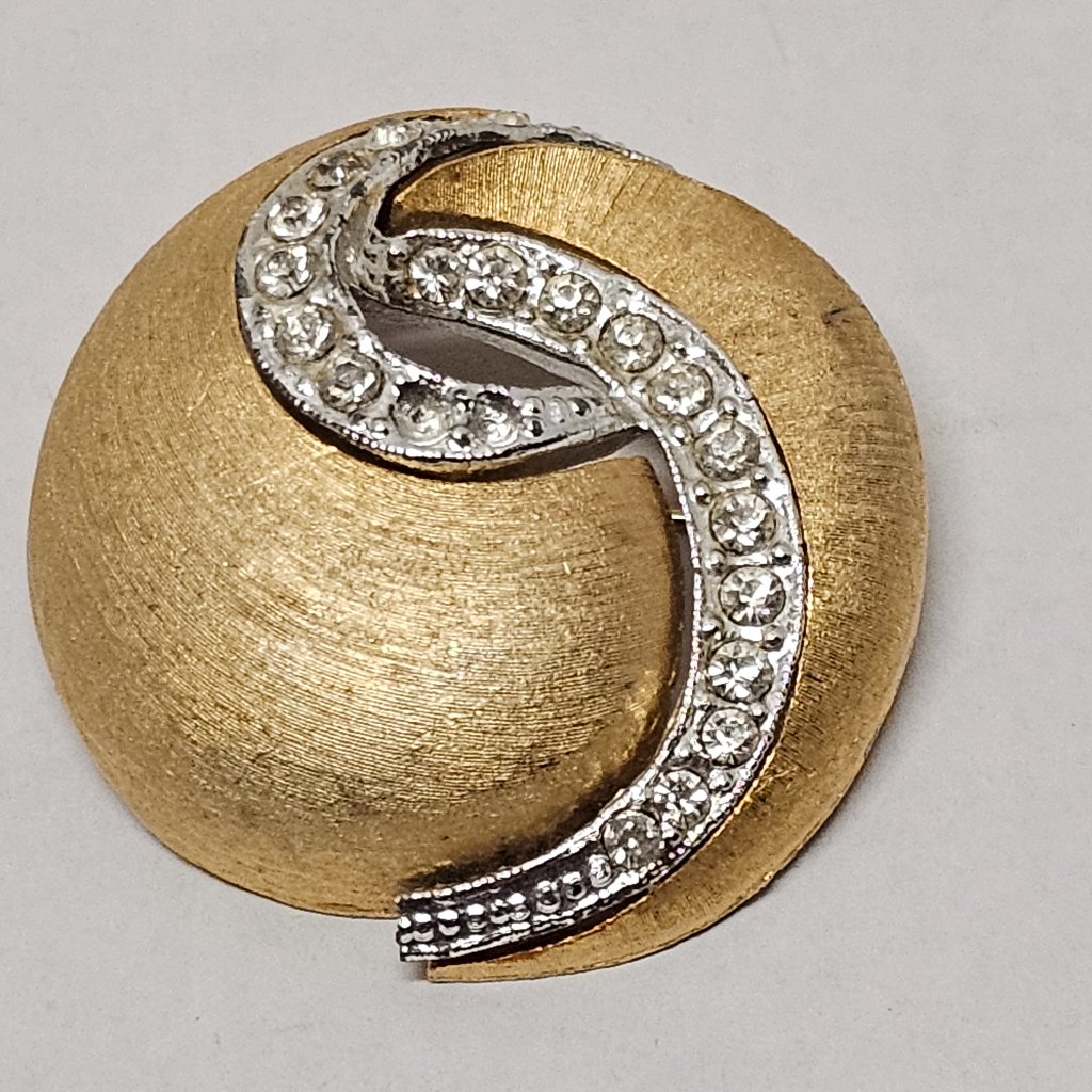 Vintage Signed Jj Gold Silver Tone Rhinestones Crystals Brushed Pin Brooch